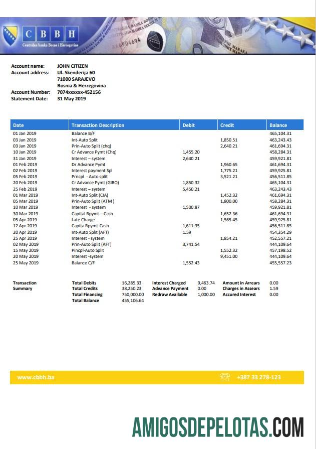 Bosnia And Herzegovina Central modelo de extrato bancário